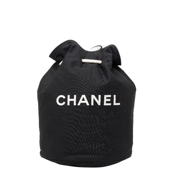Chanel Novelty Logo Print Pool Bag Shoulder Drawstring Black White Canvas Wom...